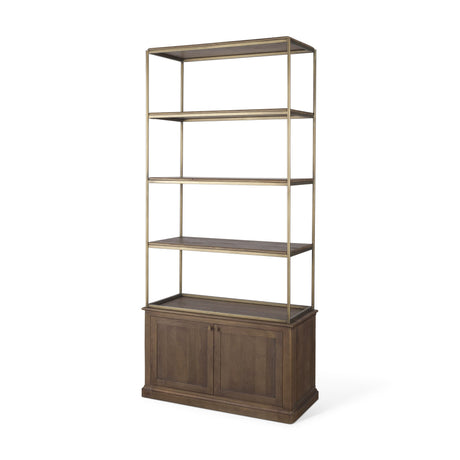 Baron Dark Brown Wood w/ Antiqued Aged Brass Metal 2-Door Open Shelving Unit by Mercana at Eve Furniture