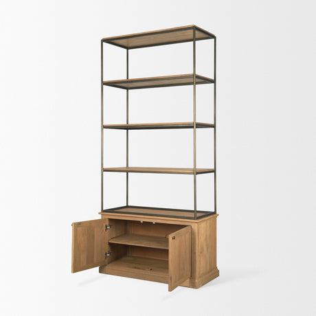 Baron Light Brown Wood w/ Gunmetal 2-Door Open Shelving Unit by Mercana at Eve Furniture