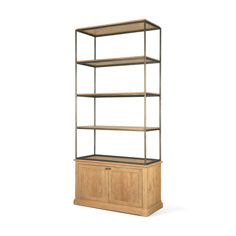 Baron Light Brown Wood w/ Gunmetal 2-Door Open Shelving Unit by Mercana at Eve Furniture