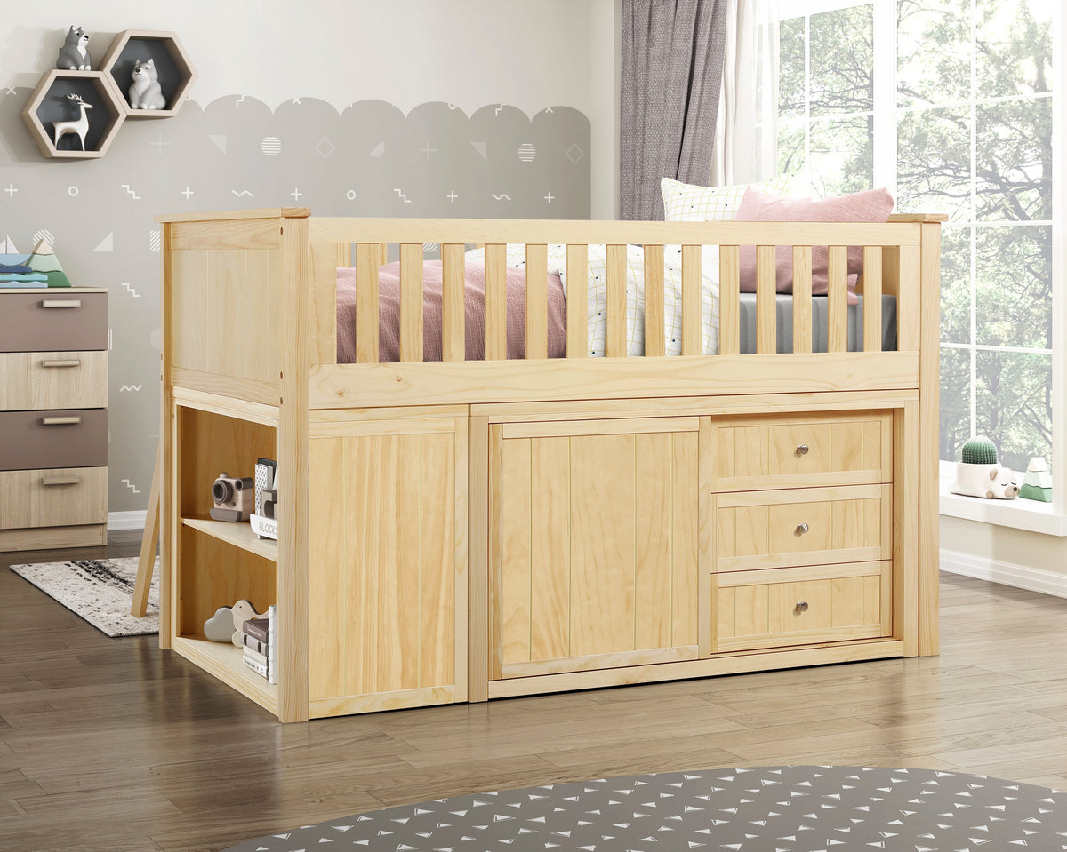 Bartly Natural Pine Low Loft Bunk with Bookcase and 2 Dressers by Homelegance at Eve Furniture