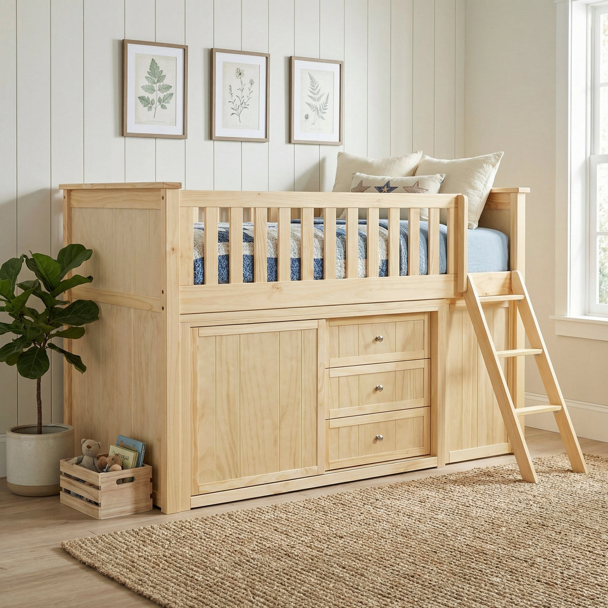 Bartly Natural Pine Low Loft Bunk with Bookcase and 2 Dressers by Homelegance at Eve Furniture