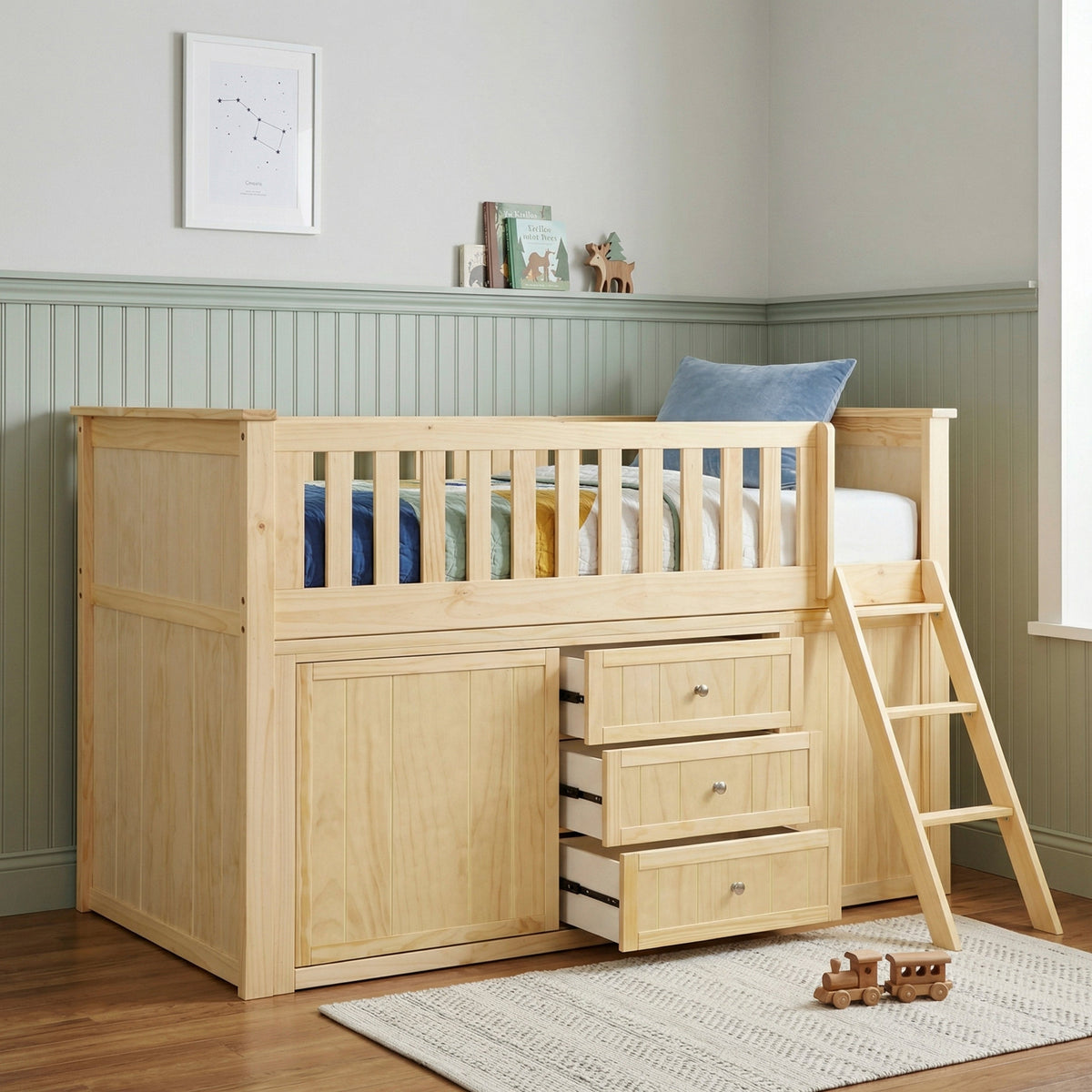 Bartly Natural Pine Low Loft Bunk with Bookcase and 2 Dressers by Homelegance at Eve Furniture