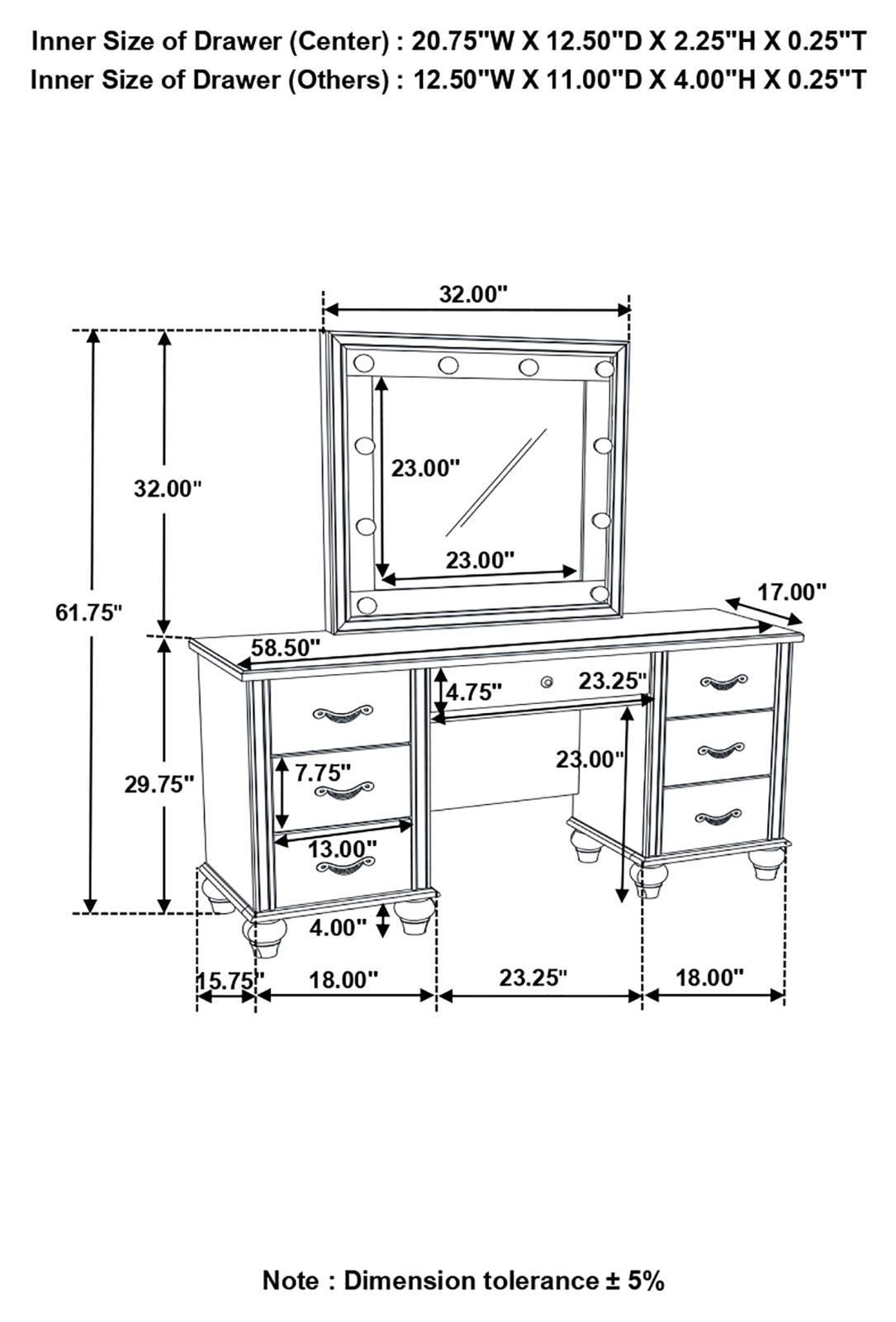 Barzini 7-Drawer Vanity Desk with Lighted Mirror White