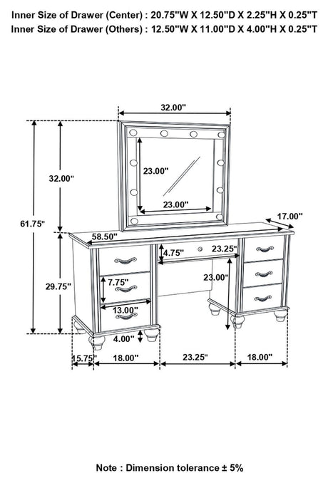 Barzini White 7-Drawer Vanity Desk with Lighted Mirror by Coaster at Eve Furniture