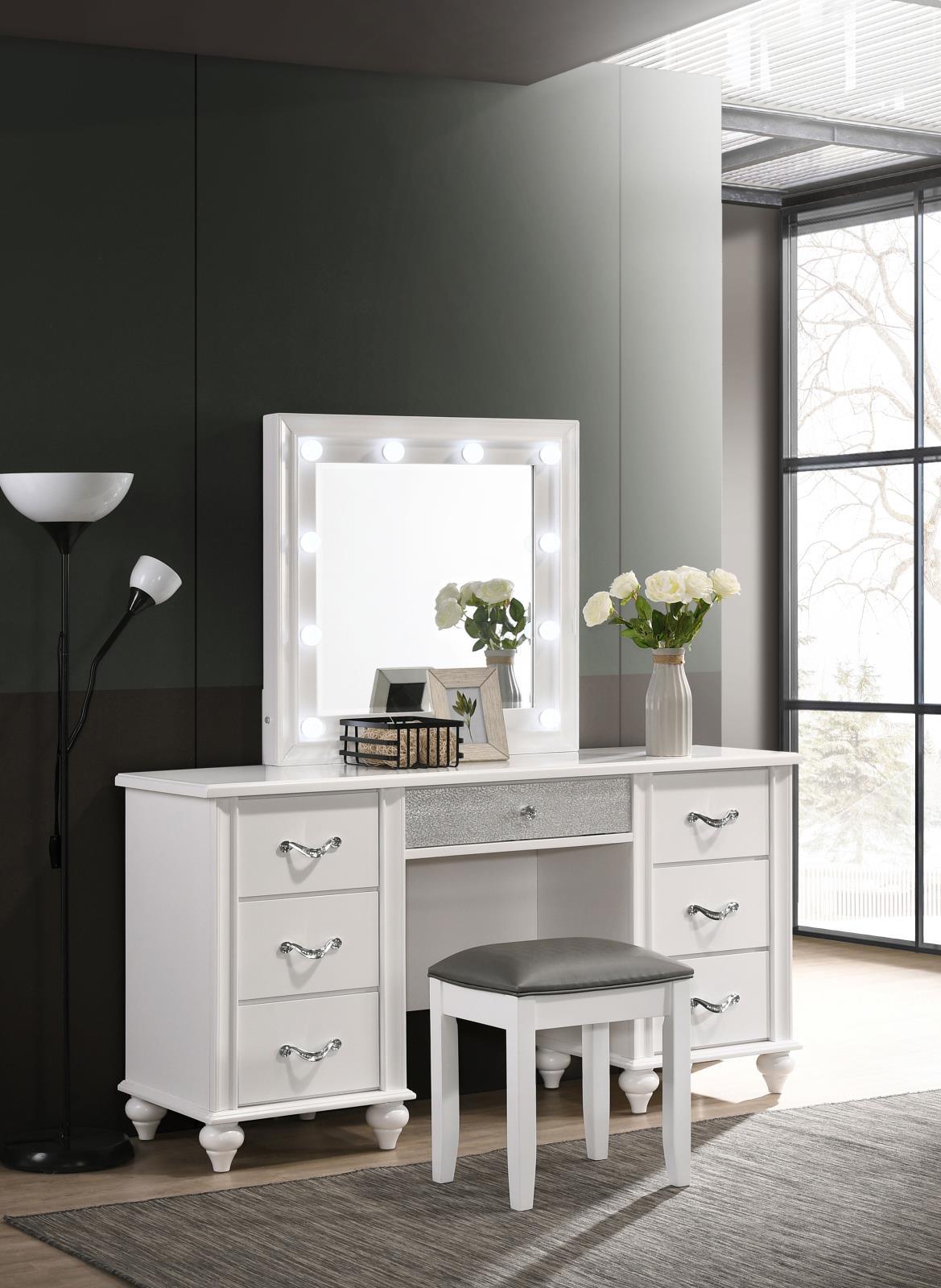 Barzini White 7-Drawer Vanity Desk with Lighted Mirror by Coaster at Eve Furniture