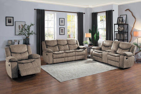 Bastrop Brown Fabric Double Glider Reclining Loveseat with Center Console by Homelegance at Eve Furniture