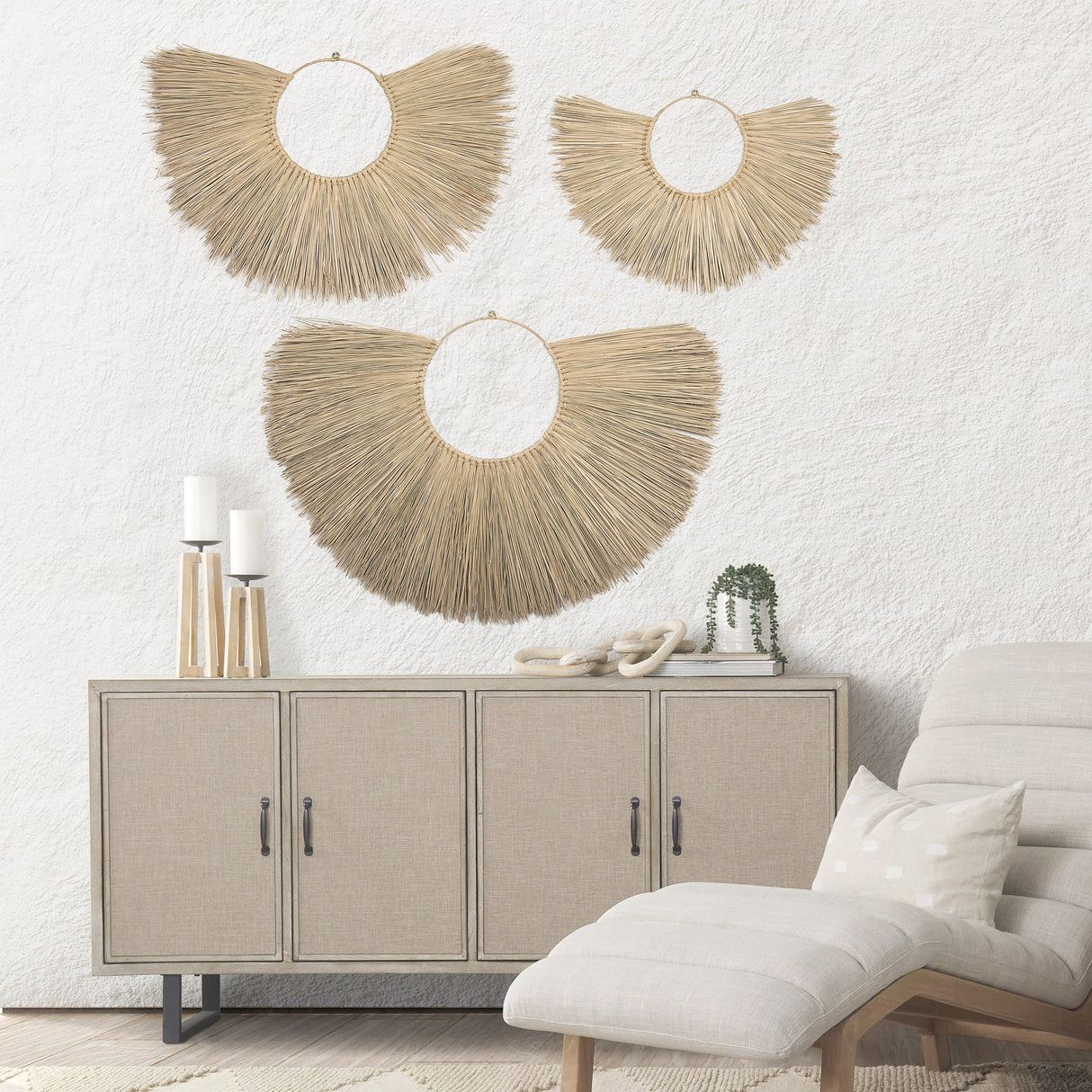 Bayu Set of 3 Seagrass Boho Weave Fan Wall Decor by Mercana at Eve Furniture