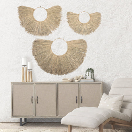 Bayu Set of 3 Seagrass Boho Weave Fan Wall Decor by Mercana at Eve Furniture