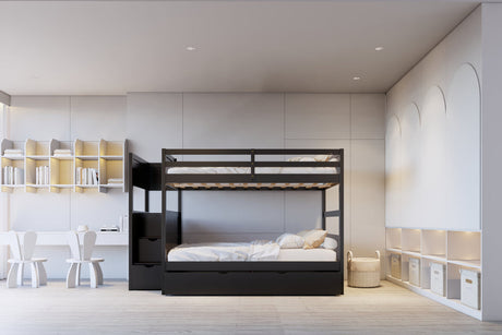 Linon Full/Full Black Bunk Bed w/Twin Trundle & Staircase Storage by Happy Homes at Eve Furniture