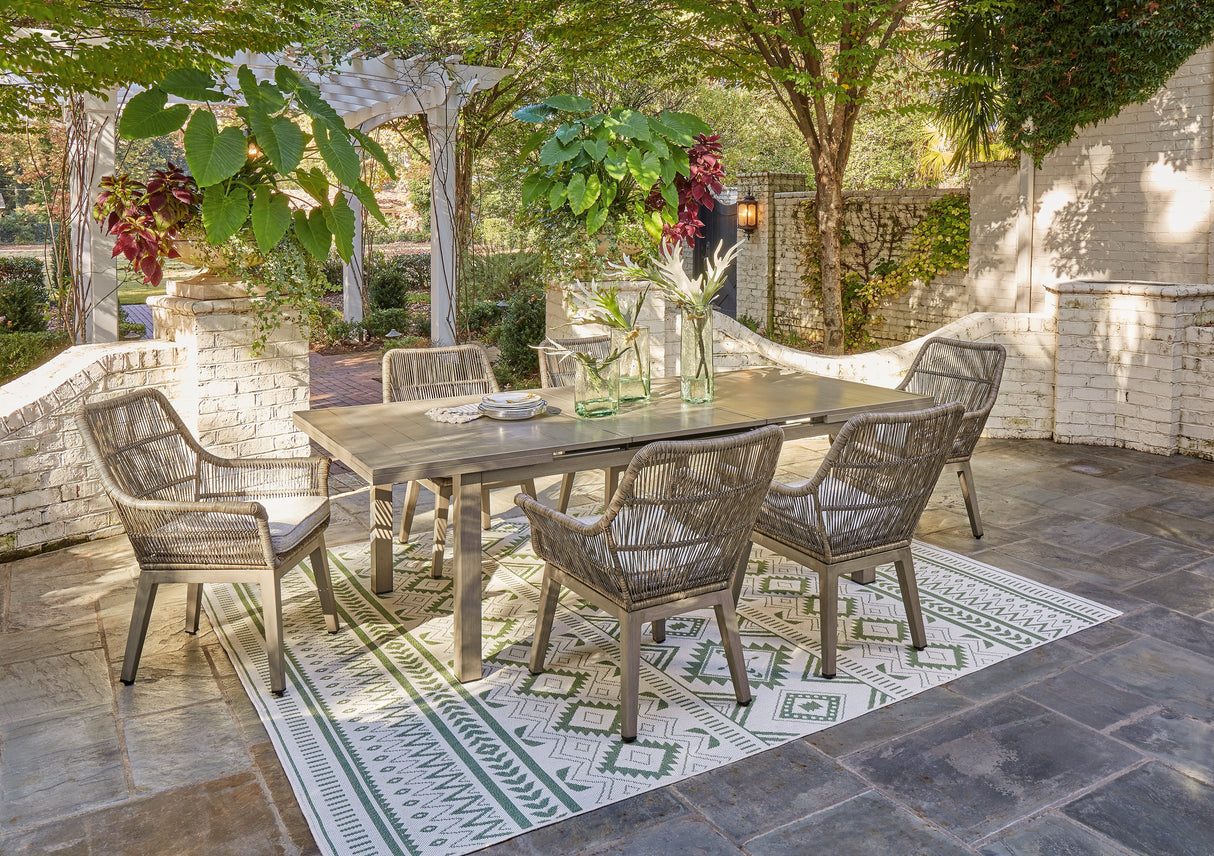Beach Beige Front Outdoor Dining Table and 6 Chairs by Ashley at Eve Furniture