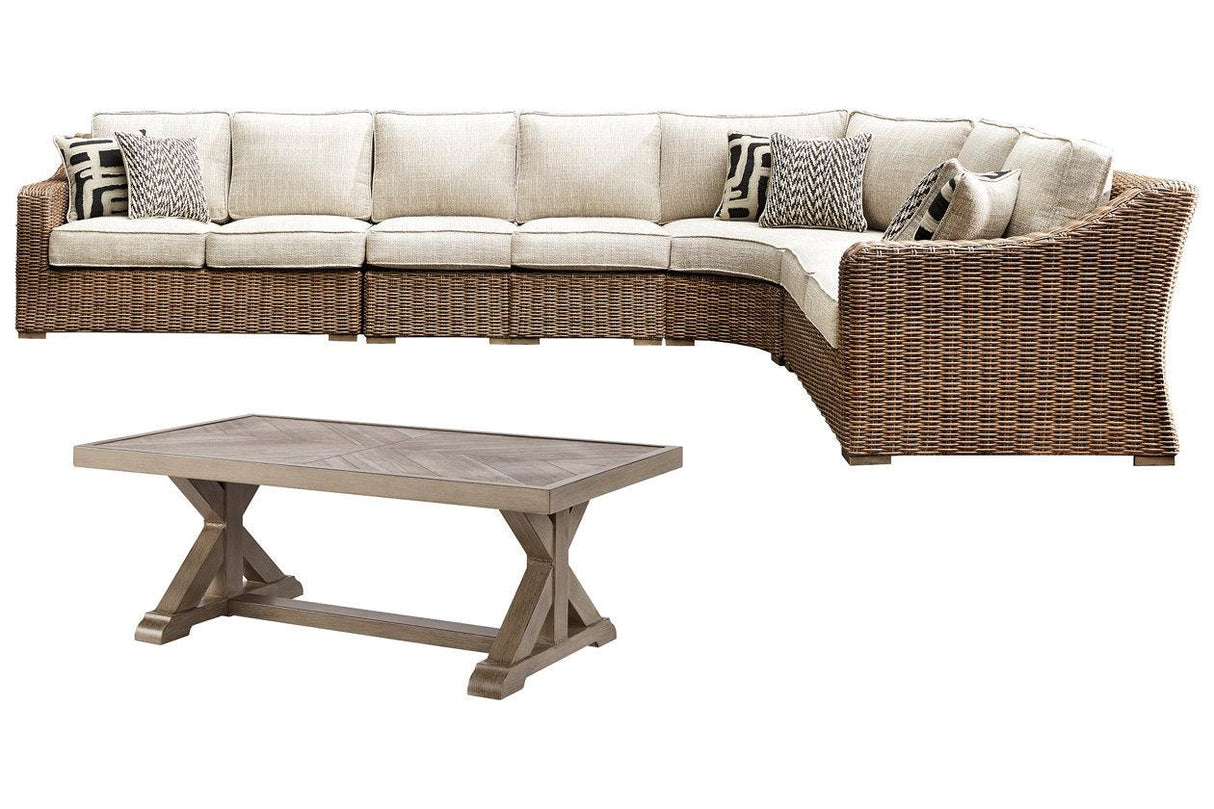 Beachcroft Beige 3-Piece Outdoor Sectional with Coffee Table and 2 End Tables by Ashley at Eve Furniture