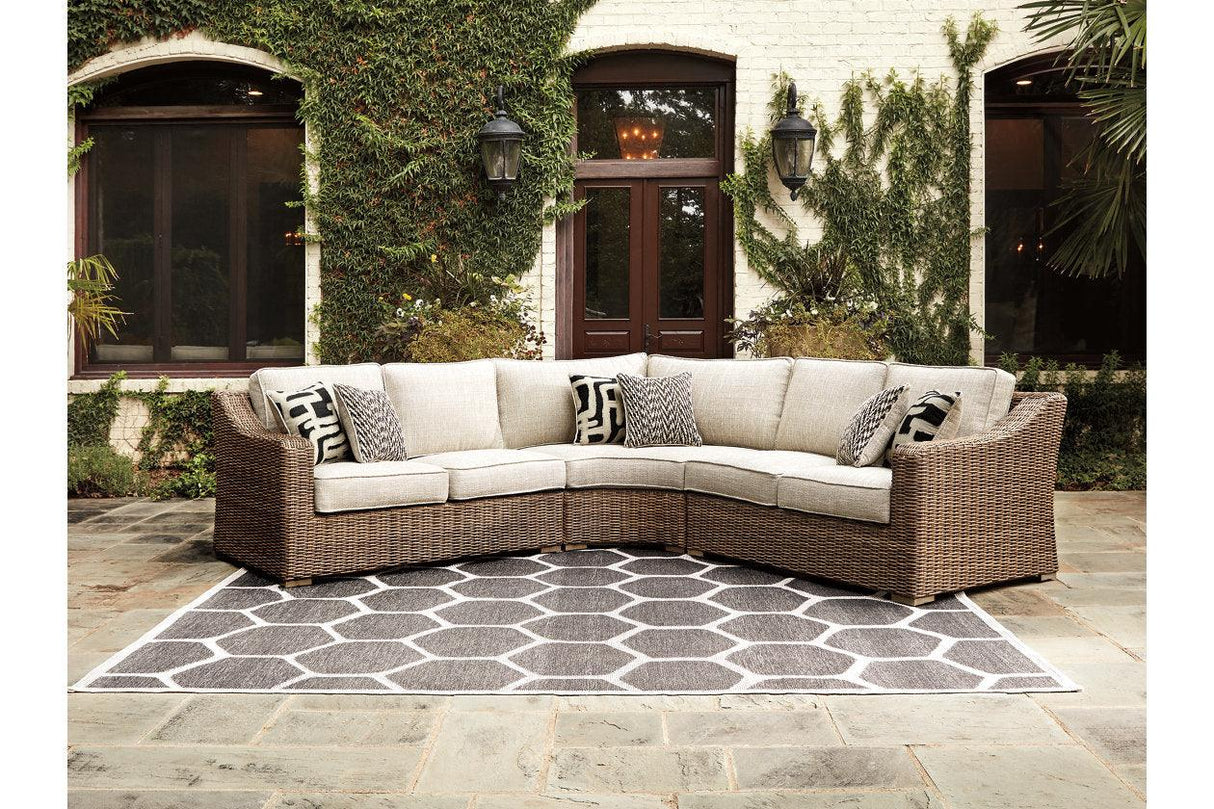Beachcroft Beige 3-Piece Outdoor Sectional with Coffee Table and 2 End Tables by Ashley at Eve Furniture