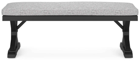 Beachcroft Black/Light Gray Outdoor Bench with Cushion by Ashley at Eve Furniture