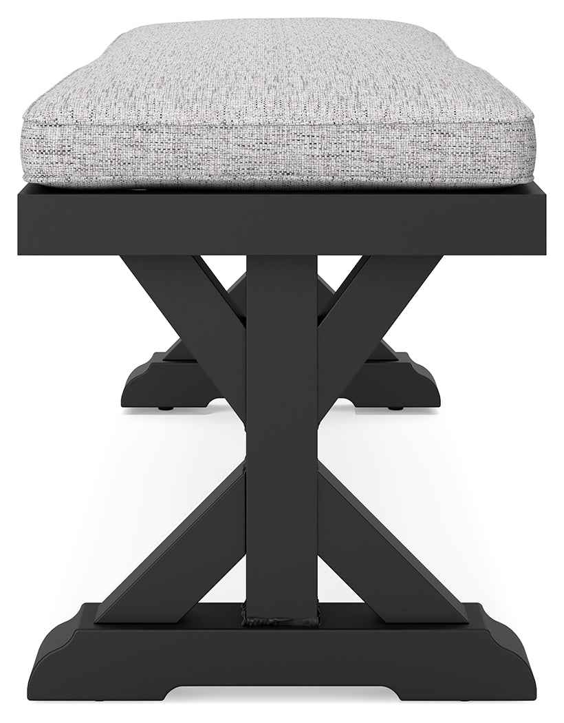 Beachcroft Black/Light Gray Outdoor Bench with Cushion by Ashley at Eve Furniture