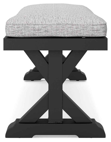 Beachcroft Black/Light Gray Outdoor Bench with Cushion by Ashley at Eve Furniture