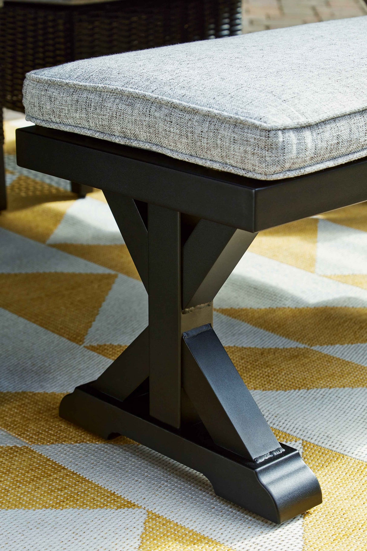Beachcroft Black/Light Gray Outdoor Bench with Cushion by Ashley at Eve Furniture