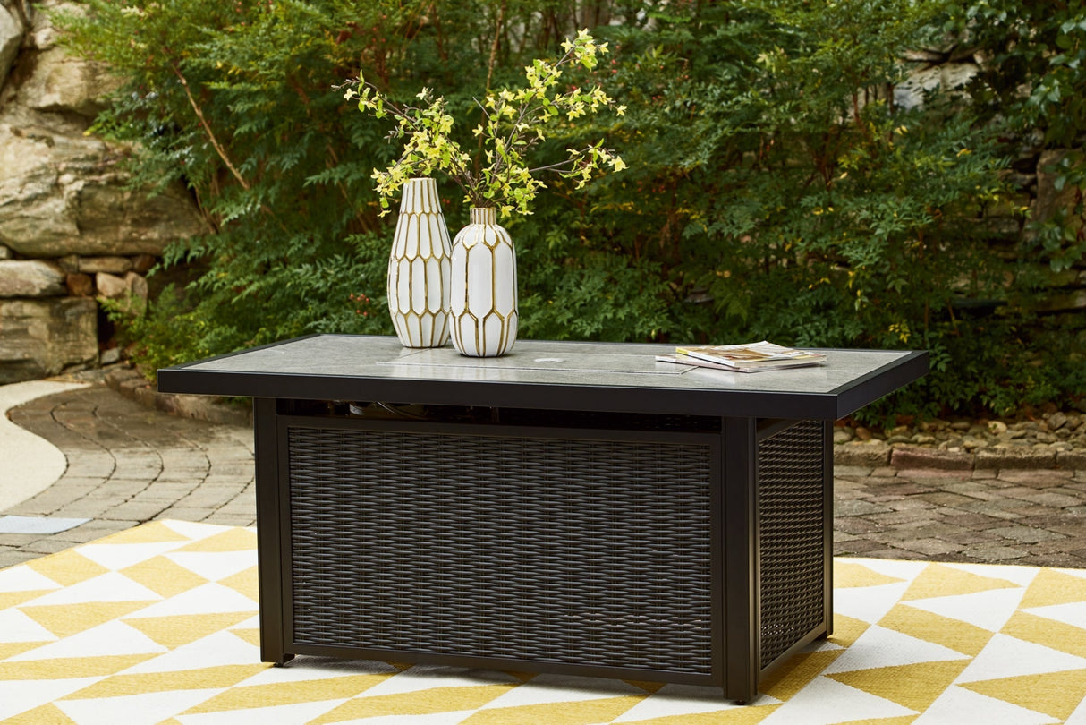 Beachcroft Black/Light Gray Outdoor Fire Pit Table and 4 Chairs by Ashley at Eve Furniture