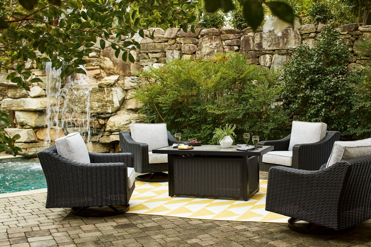 Beachcroft Black/Light Gray Outdoor Fire Pit Table and 4 Chairs by Ashley at Eve Furniture