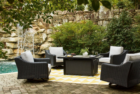 Beachcroft Black/Light Gray Outdoor Fire Pit Table and 4 Chairs by Ashley at Eve Furniture