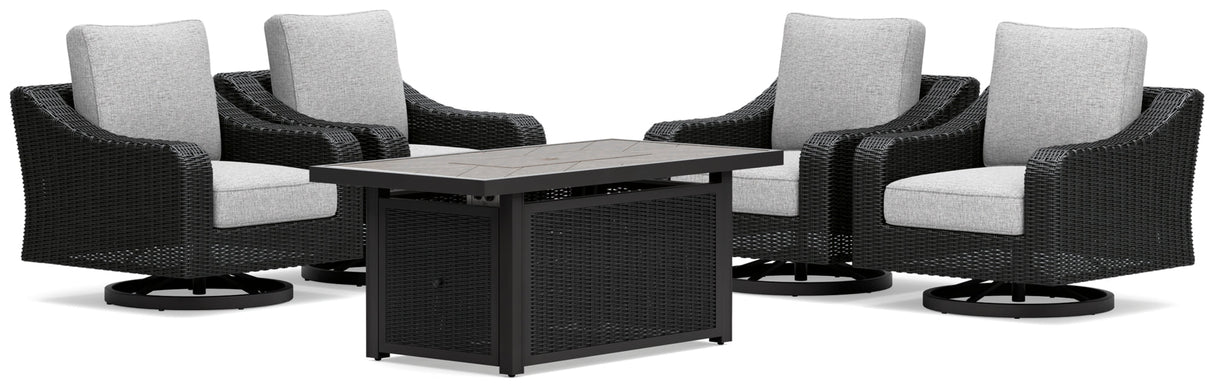Beachcroft Black/Light Gray Outdoor Fire Pit Table and 4 Chairs by Ashley at Eve Furniture