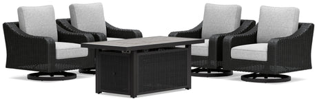 Beachcroft Black/Light Gray Outdoor Fire Pit Table and 4 Chairs by Ashley at Eve Furniture