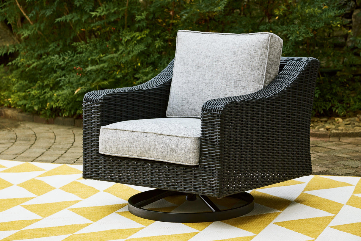 Beachcroft Black/Light Gray Outdoor Swivel Lounge by Ashley at Eve Furniture