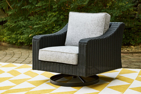 Beachcroft Black/Light Gray Outdoor Swivel Lounge by Ashley at Eve Furniture