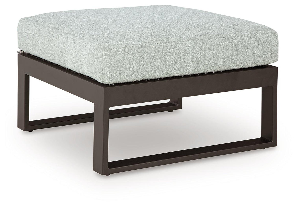 Beachloft Black/Gray Outdoor Ottoman with Cushion by Ashley at Eve Furniture