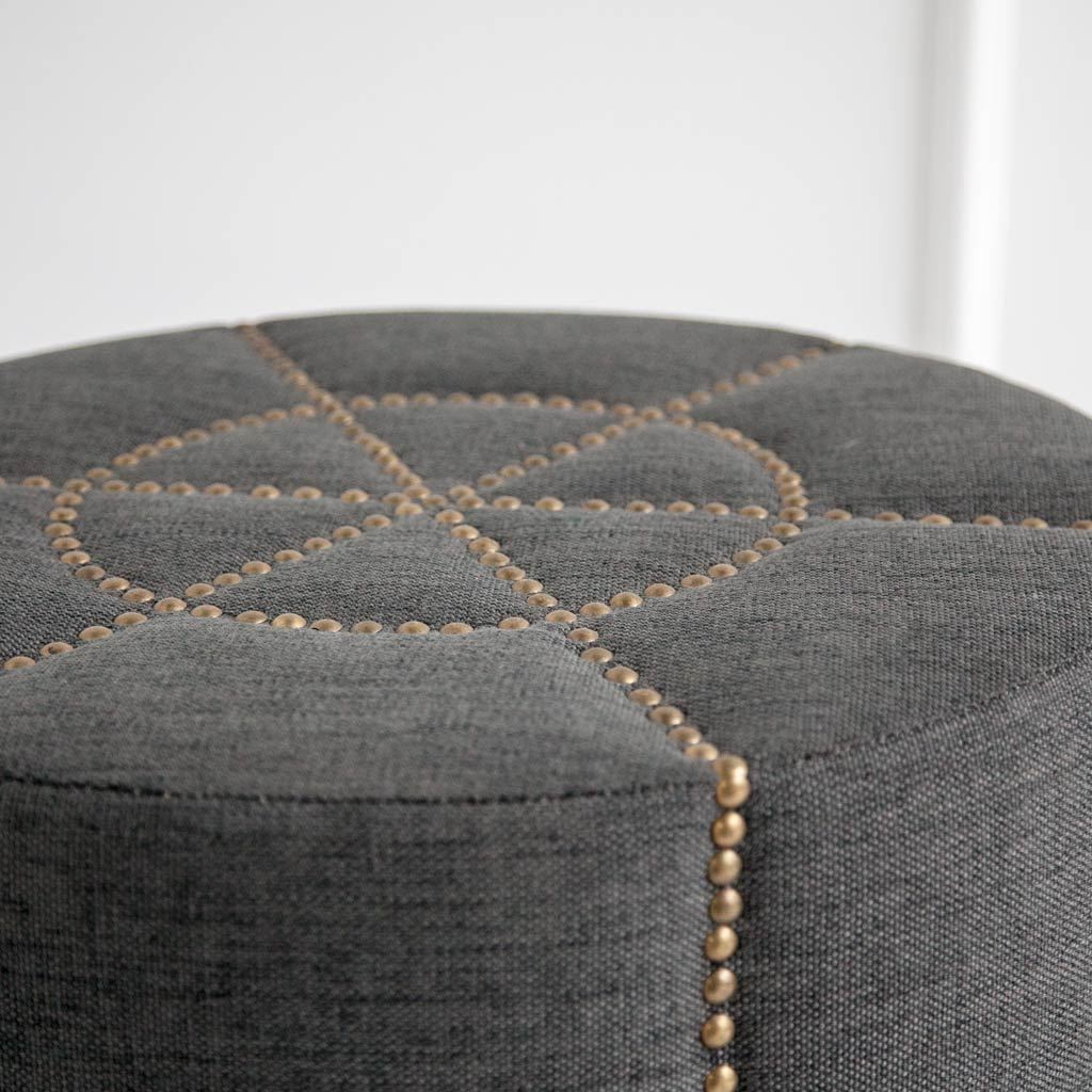 Beacon 20.5"H Gray Fabric w/ Metal Tacks Round Ottoman by Mercana at Eve Furniture