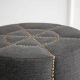 Beacon 20.5"H Gray Fabric w/ Metal Tacks Round Ottoman by Mercana at Eve Furniture