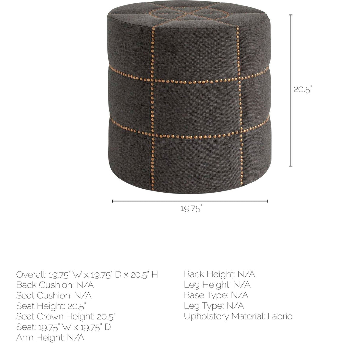 Beacon 20.5"H Gray Fabric w/ Metal Tacks Round Ottoman by Mercana at Eve Furniture