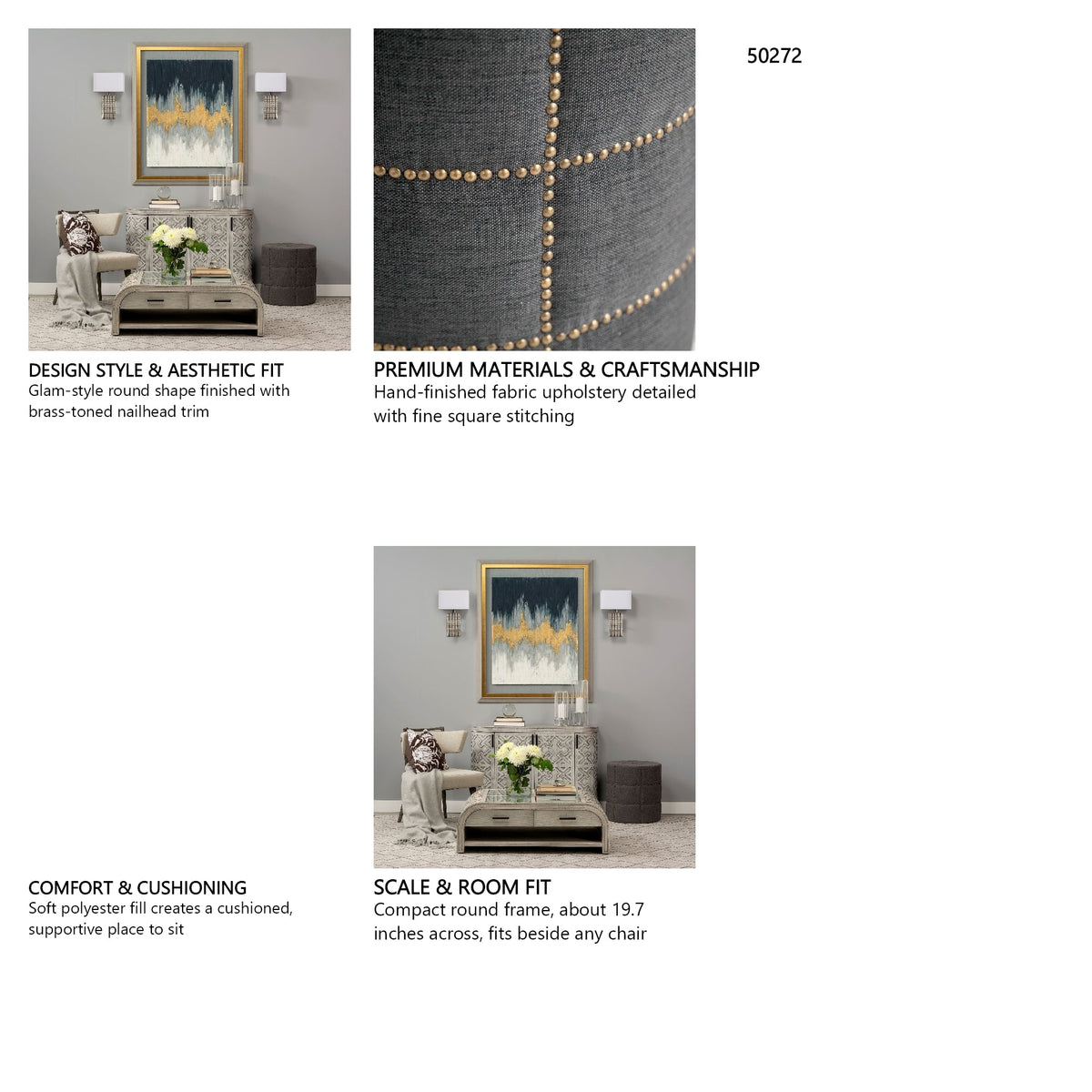Beacon 20.5"H Gray Fabric w/ Metal Tacks Round Ottoman by Mercana at Eve Furniture