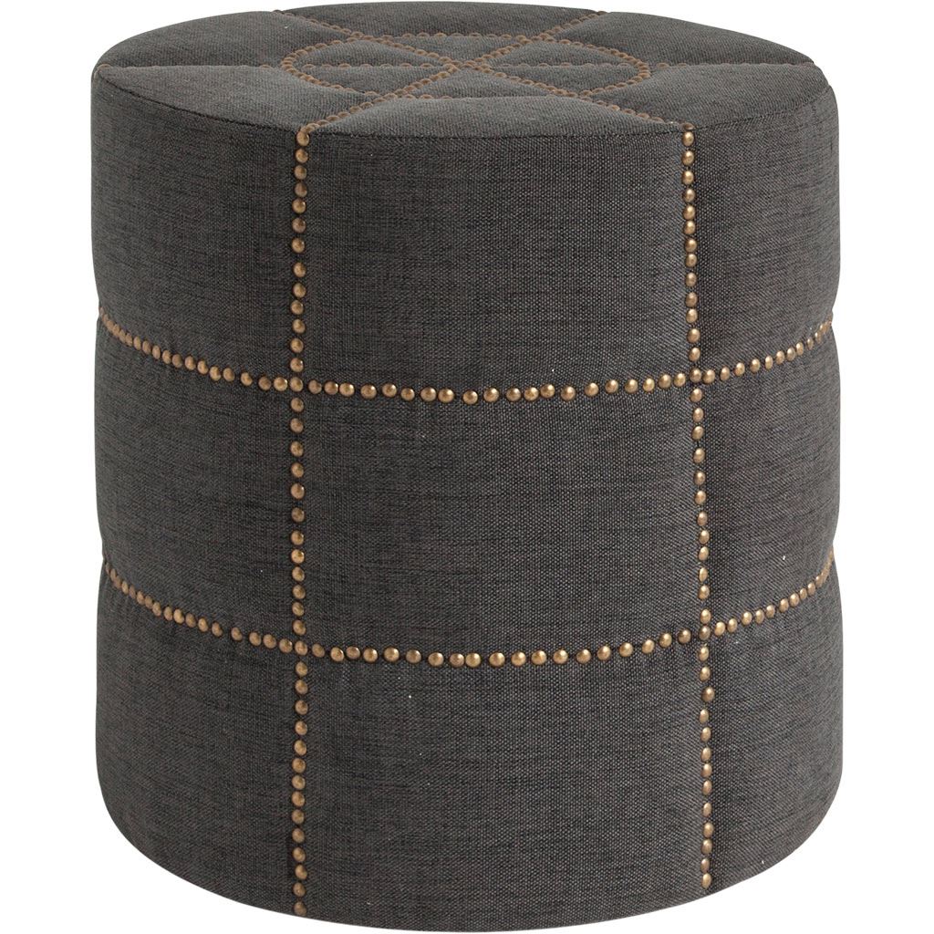 Beacon 20.5"H Gray Fabric w/ Metal Tacks Round Ottoman by Mercana at Eve Furniture