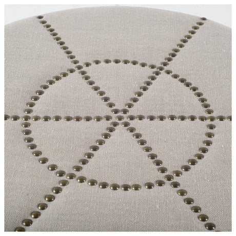 Beacon Cream Fabric w/ Metal Tacks Round Ottoman by Mercana at Eve Furniture