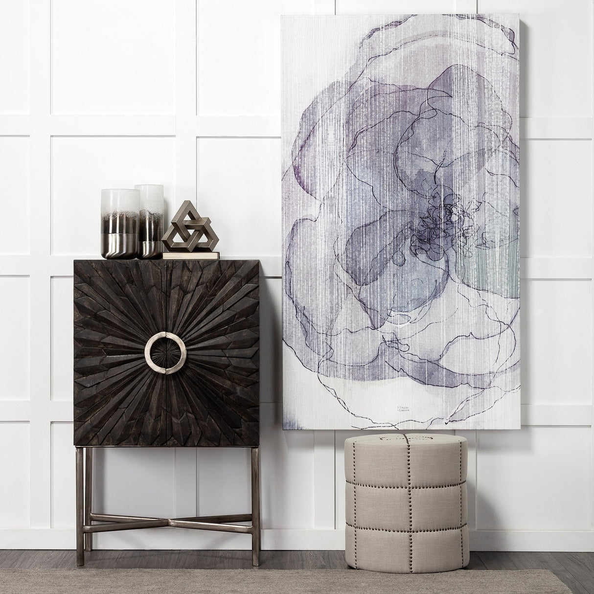 Beacon Cream Fabric w/ Metal Tacks Round Ottoman by Mercana at Eve Furniture