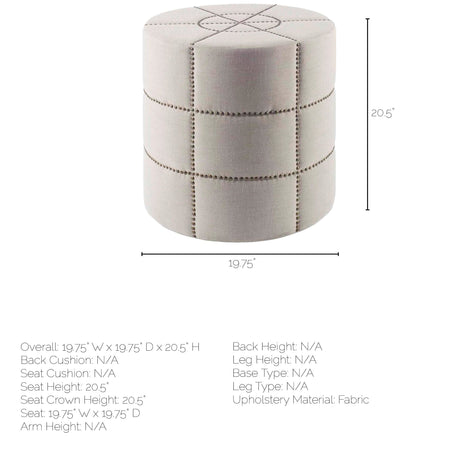 Beacon Cream Fabric w/ Metal Tacks Round Ottoman by Mercana at Eve Furniture