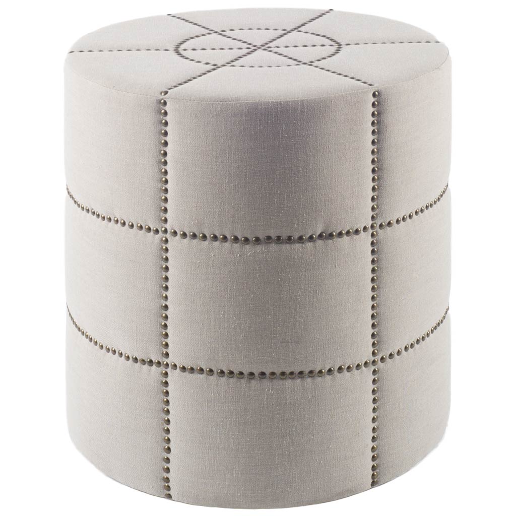 Beacon Cream Fabric w/ Metal Tacks Round Ottoman by Mercana at Eve Furniture