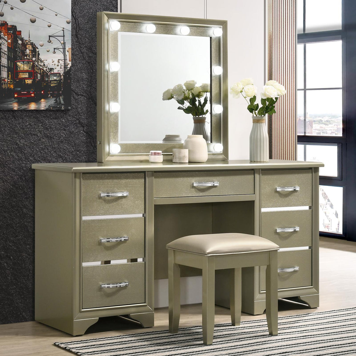 Beaumont 7-Drawer Vanity Desk with Lighting Mirror Champagne