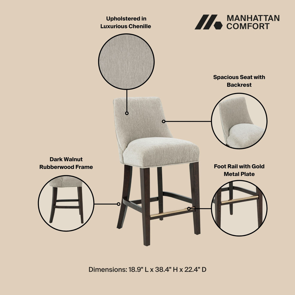 Beever Counter Stool in Taupe by Manhattan Comfort at Eve Furniture