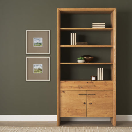 Belford 2-Door Open Light Brown Oak Wood Shelving Unit by Mercana at Eve Furniture