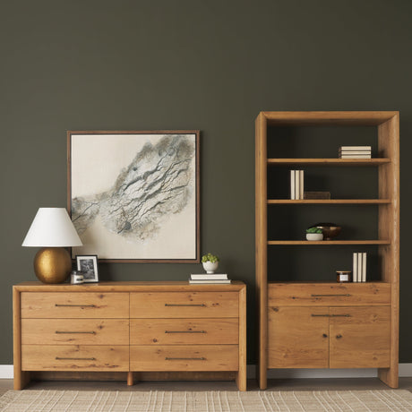 Belford 2-Door Open Light Brown Oak Wood Shelving Unit by Mercana at Eve Furniture