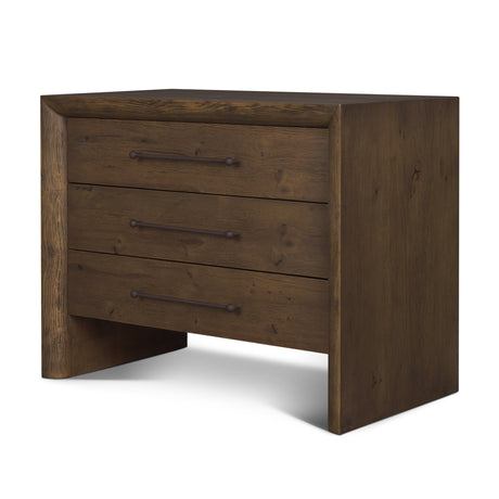 Belford 3-Drawer Dark Brown Oak Wood Closed Nightstand by Mercana at Eve Furniture