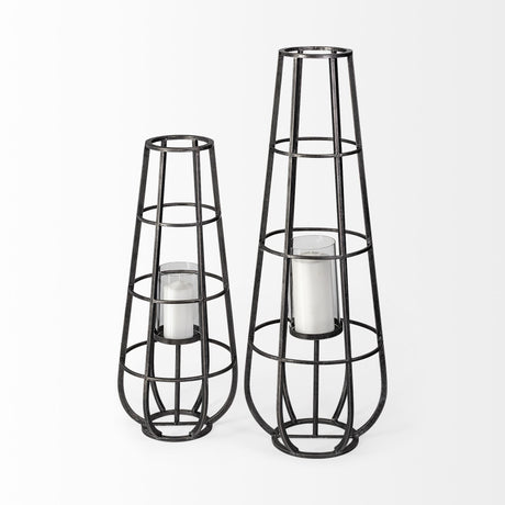 Bella Large Black Metal Cylindrical Cage Candle Holder Lantern by Mercana at Eve Furniture