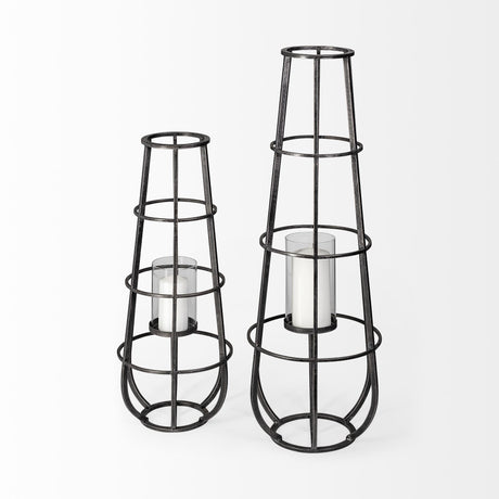 Bella Small Black Metal Cylindrical Cage Candle Holder Lantern by Mercana at Eve Furniture