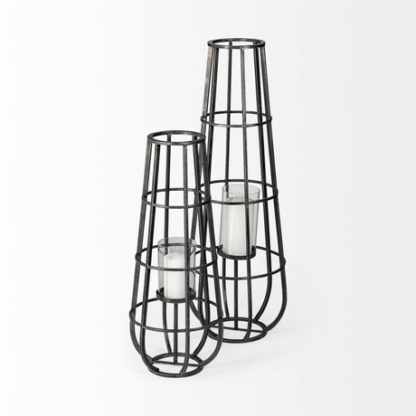 Bella Small Black Metal Cylindrical Cage Candle Holder Lantern by Mercana at Eve Furniture