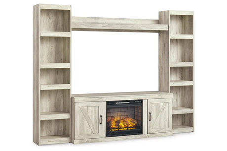 Bellaby Whitewash 4-Piece Entertainment Center with Electric Fireplace by Ashley at Eve Furniture