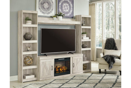 Bellaby Whitewash 4-Piece Entertainment Center with Electric Fireplace by Ashley at Eve Furniture