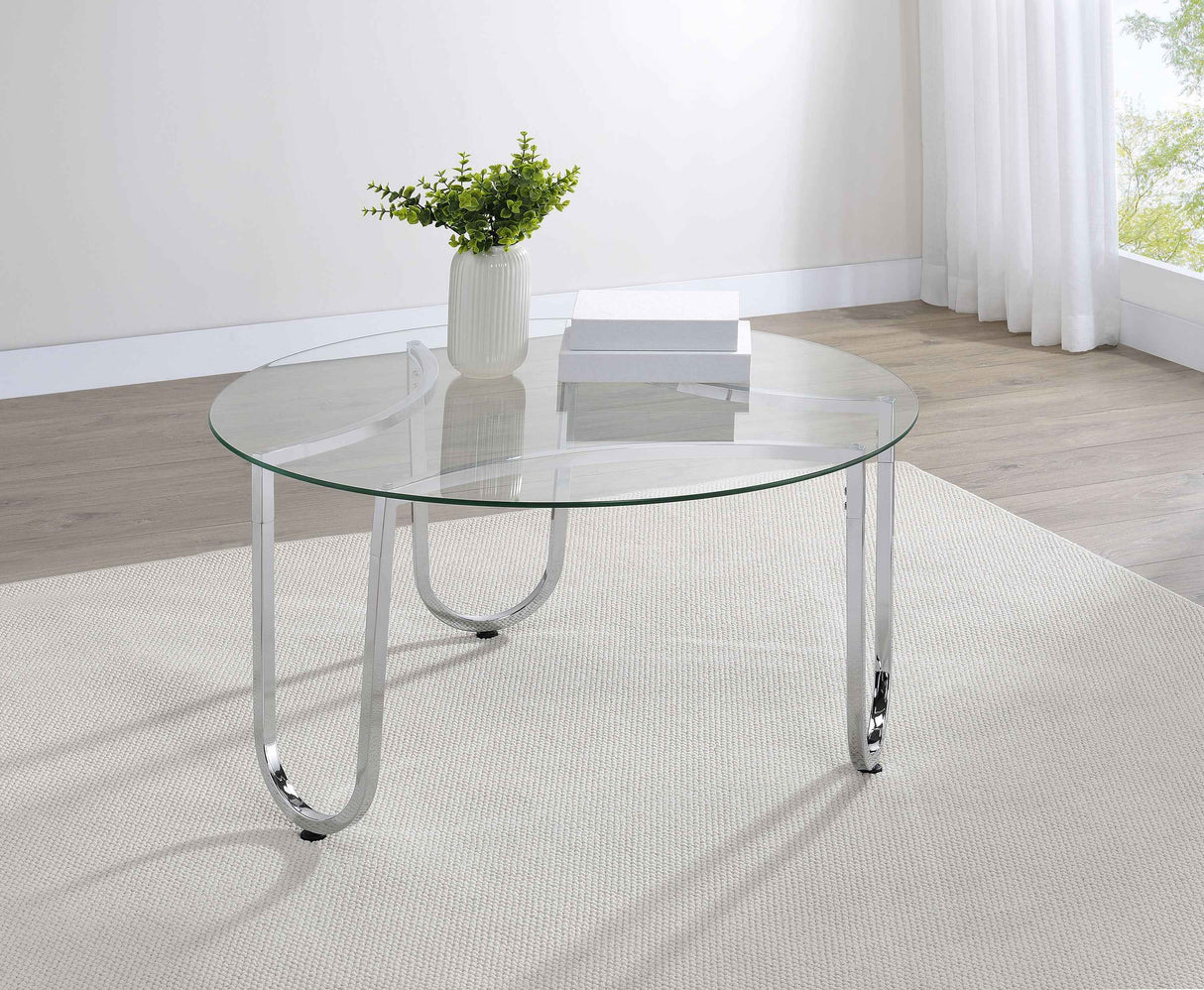 Beller Chrome Round Tempered Glass Top Cocktail Coffee Table by Coaster at Eve Furniture