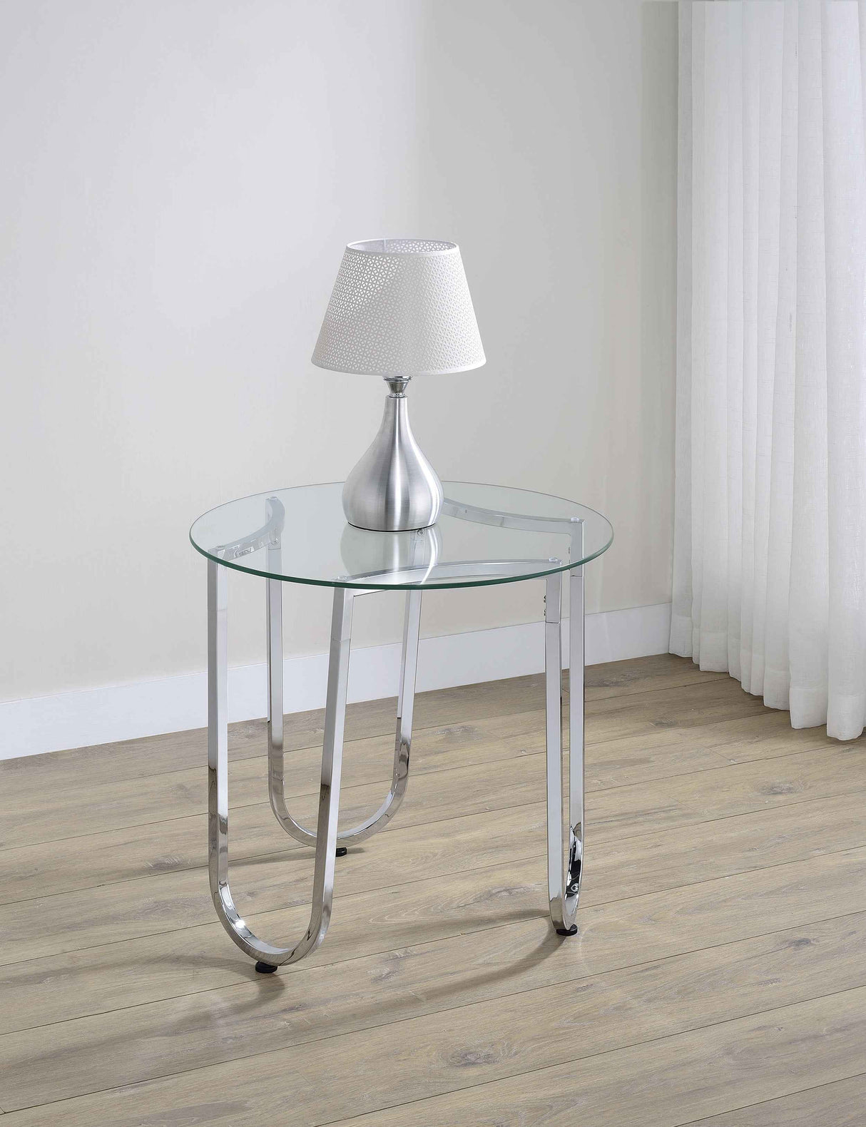 Beller Chrome Round Tempered Glass Top End Side Table by Coaster at Eve Furniture