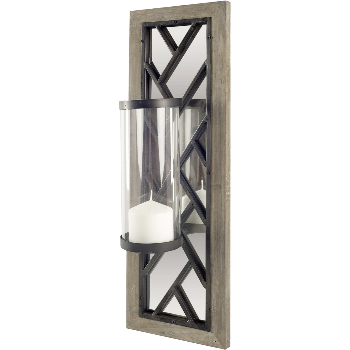 Benji Brown Wood Frame Black Metal Accent Mirrored Wall Candle Holder by Mercana at Eve Furniture